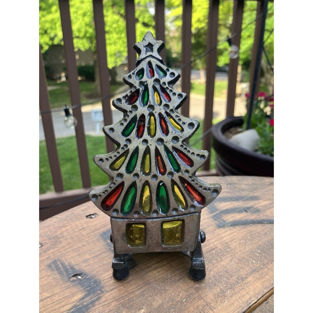 Vintage Cast Iron Christmas Tree Stained Glass Candle Holder Taiwan Folding Base